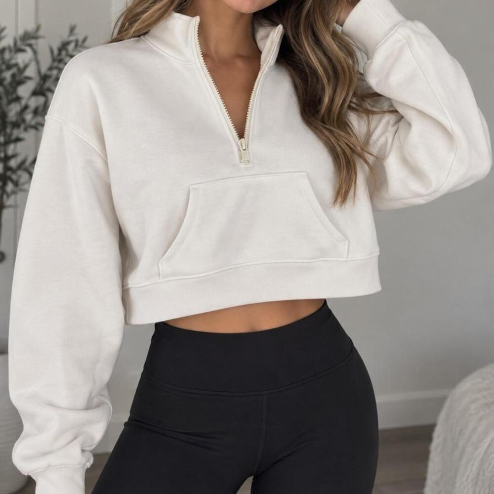 White cropped quarter zip sweatshirt